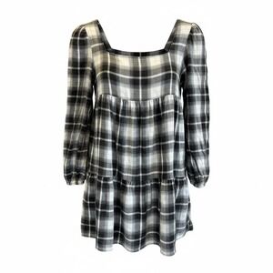 BP Plaid Tiered Mini‎ Dress Square Neck Long Sleeve Casual XXS